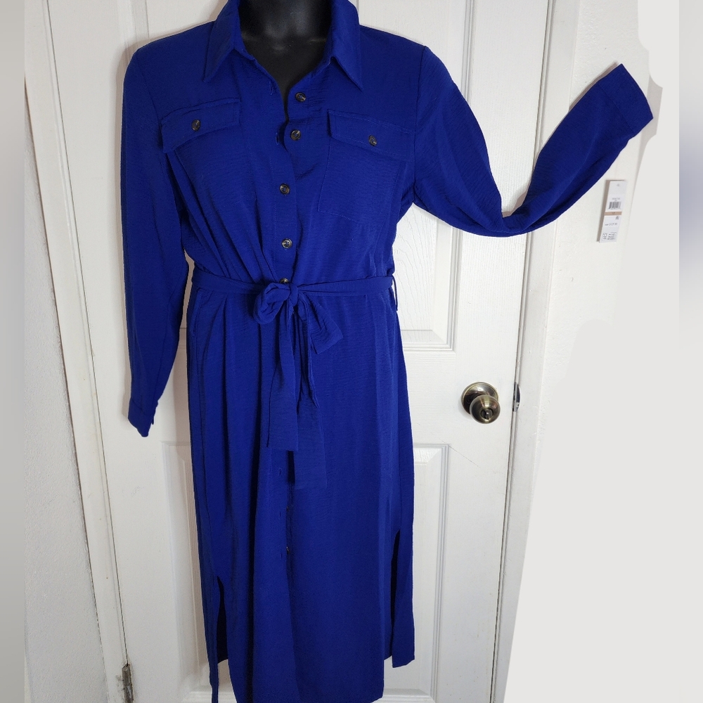 New DKNY Womens Cobalt Blue Long Sleeve Collared Midi Shirt Dress Size 12